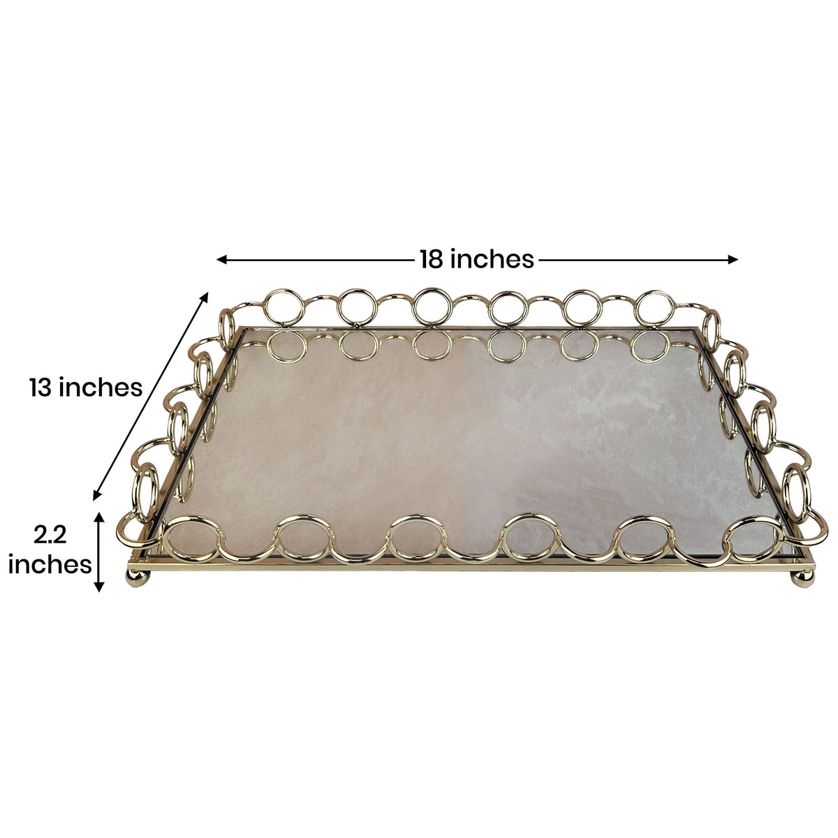 Glass serving tray with ring accents, ideal for kitchen décor, featuring a clear design and elegant circular details.