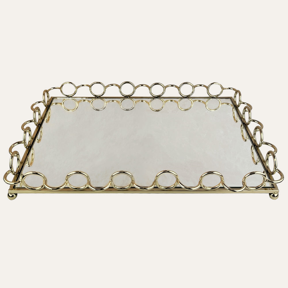 Clear glass serving tray with ring accents, ideal for kitchen décor and entertaining, stylish and functional design.