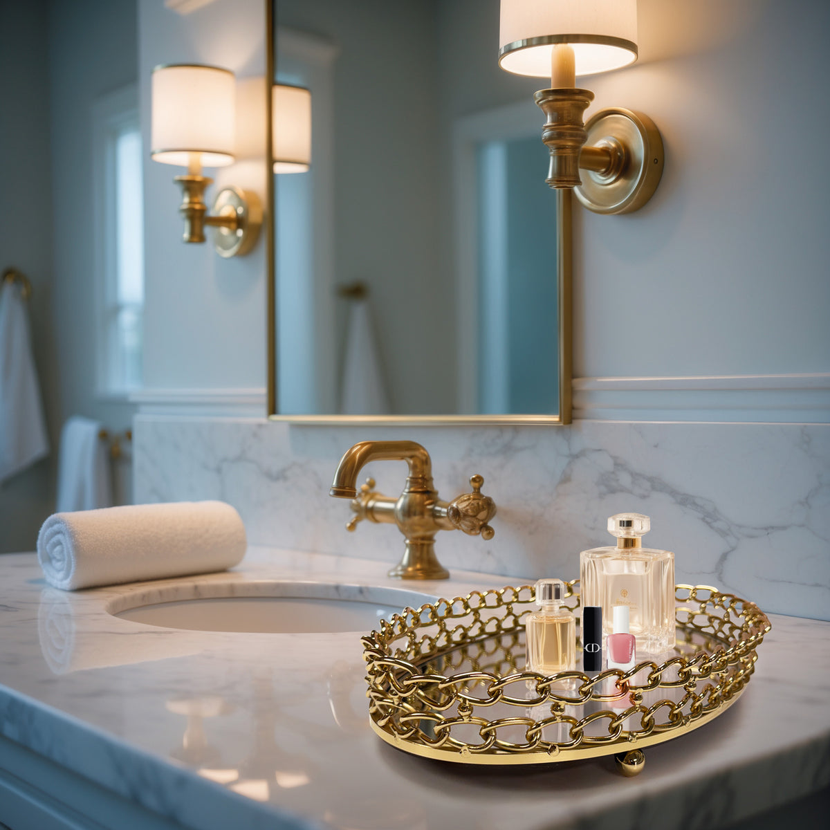 Glass serving tray with dual link chain design for kitchen décor, featuring a clear glass surface and stylish chain accents.