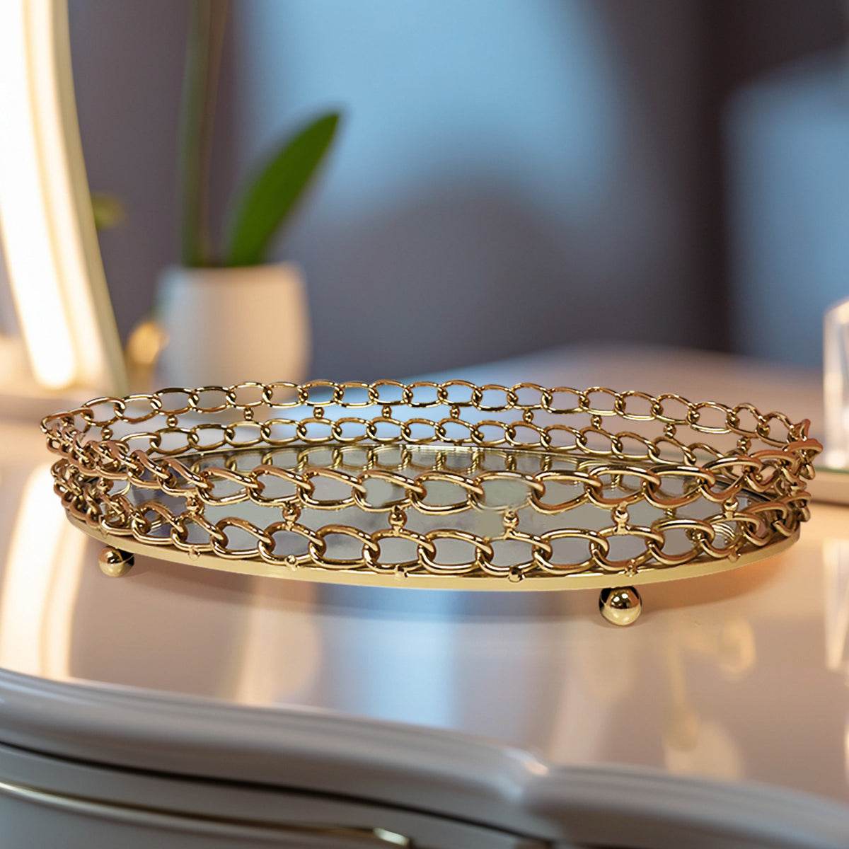 Glass serving tray with dual link chain design, perfect for kitchen décor and elegant presentation.