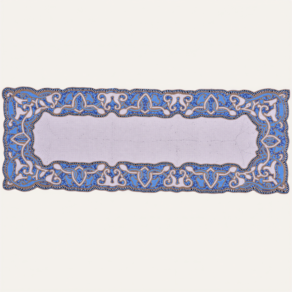 White and blue beaded table runner by RNR, 54 inches long and 13 inches wide, with intricate bead detailing on fabric.