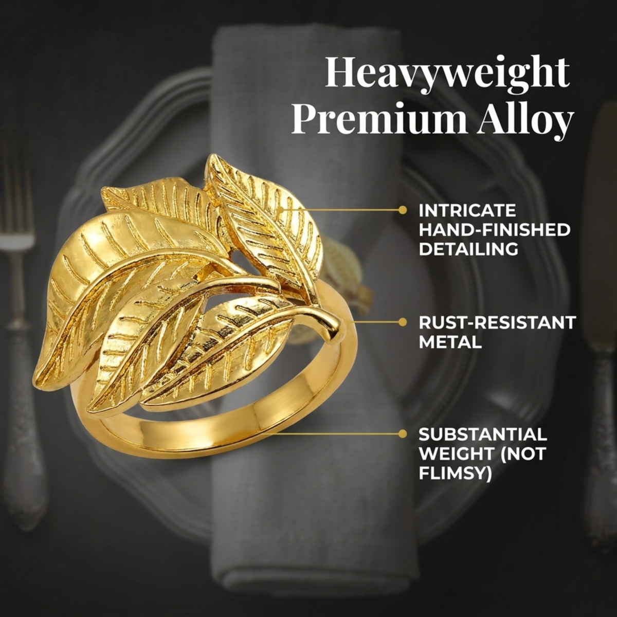a gold ring with leaf-shaped designs, accompanied by text describing the ring's features.