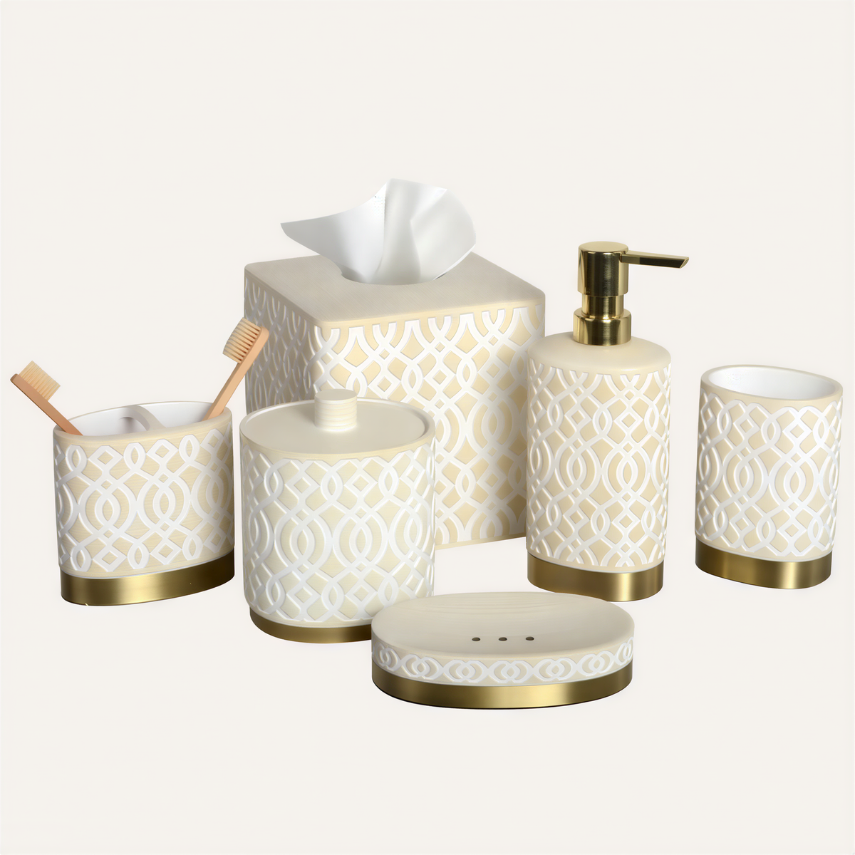 HG626 Solana Collection modern bathroom décor accessories set of 6, stylish bath set with matching soap dispensers and holders.