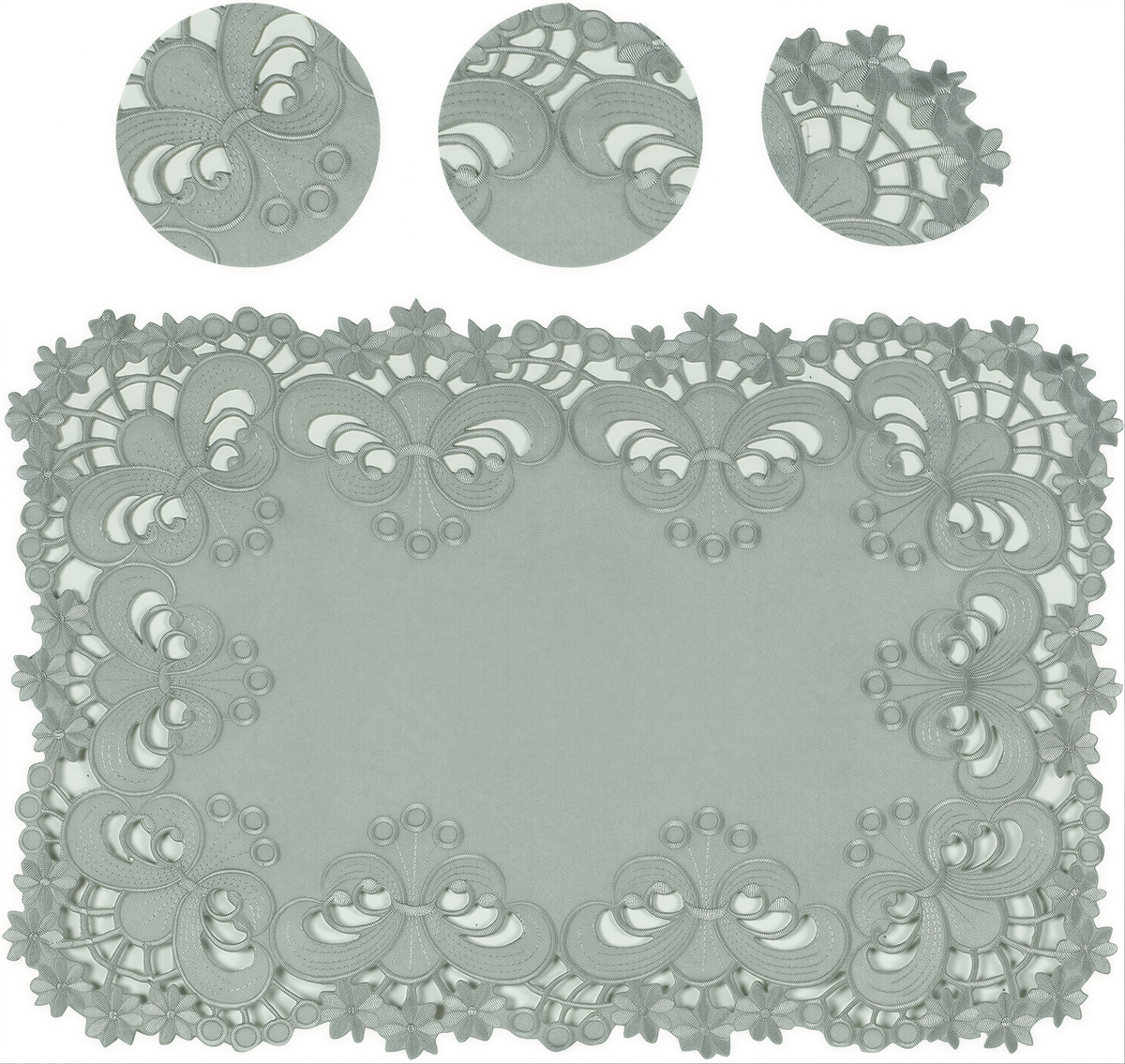 Set of six linen placemats with European embroidery from the Creola Collection, featuring intricate floral designs and elegant craftsmanship.