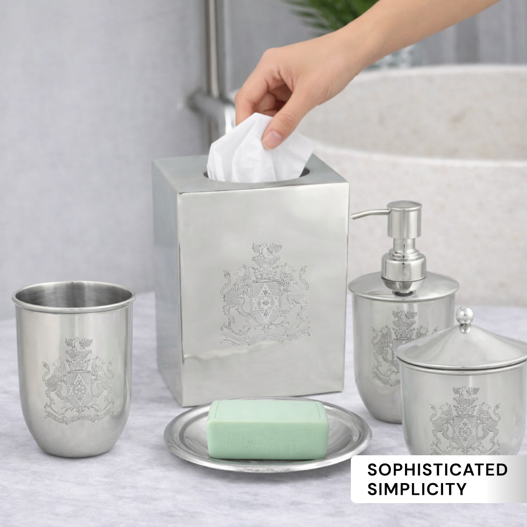 Modern bathroom décor accessories set of 5 from Durkee Collection, featuring sleek soap dispensers, toothbrush holders, and matching accents.