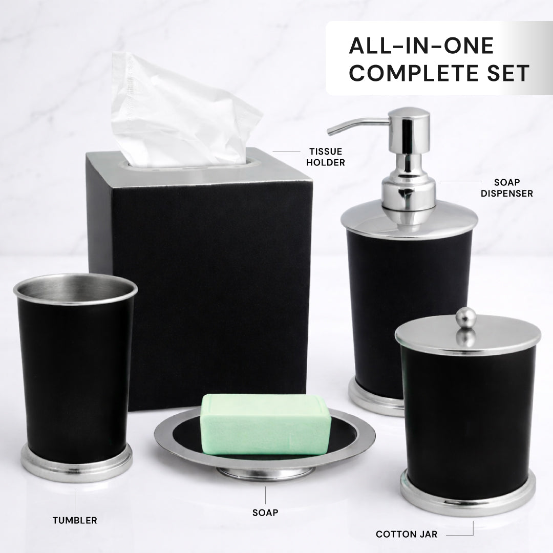 Set of five modern bathroom decor accessories from the Maebrie Collection by 9184, featuring elegant ceramic and metal designs.