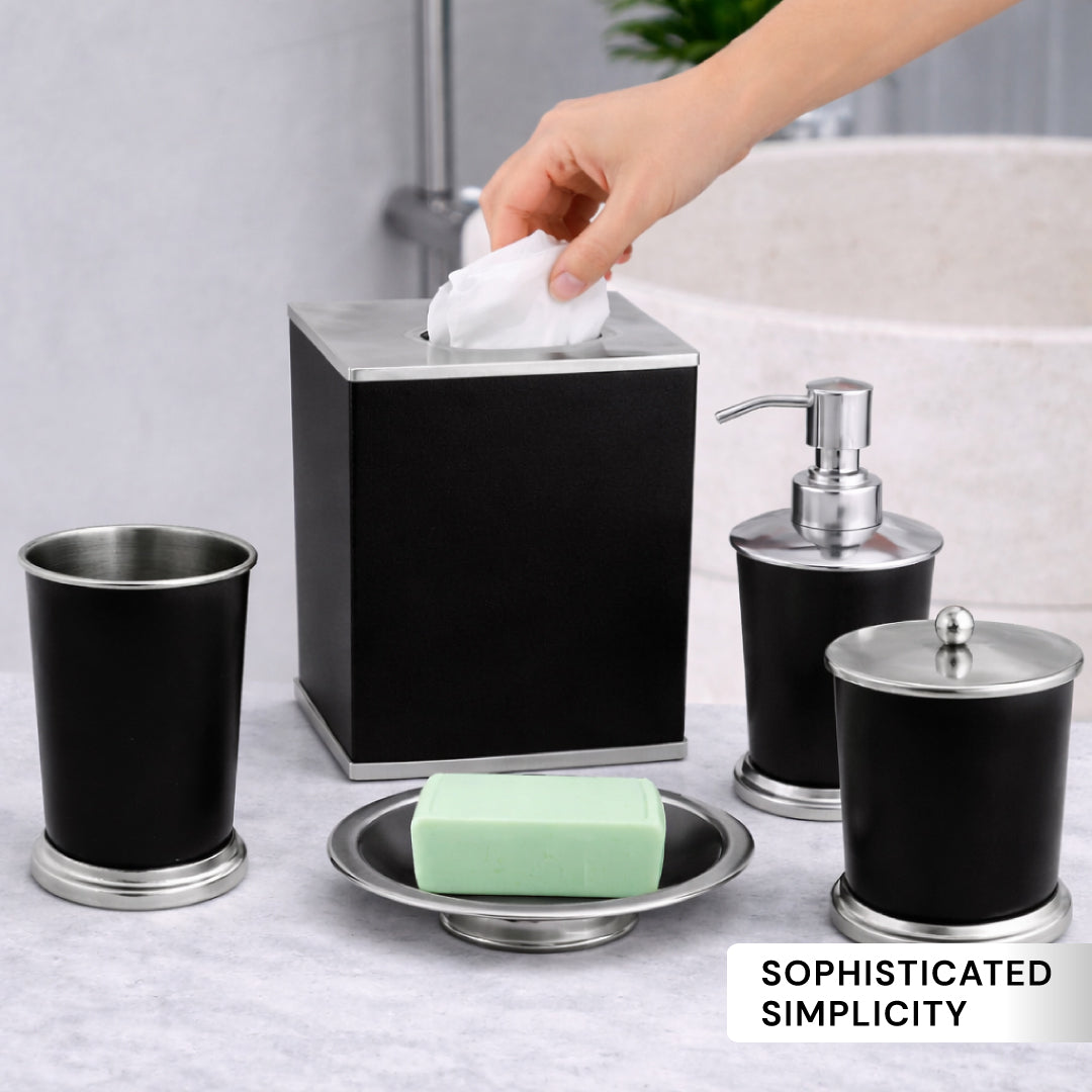 Elegant modern bathroom décor accessories set of 5 from the Maebrie Collection, including soap dispenser, toothbrush holder, and more.
