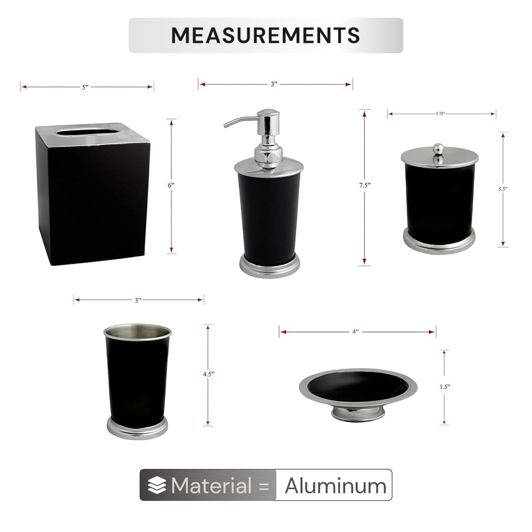 Elegant modern bathroom décor accessories set of 5 from the Maebrie Collection, including soap dispenser, toothbrush holder, and more.