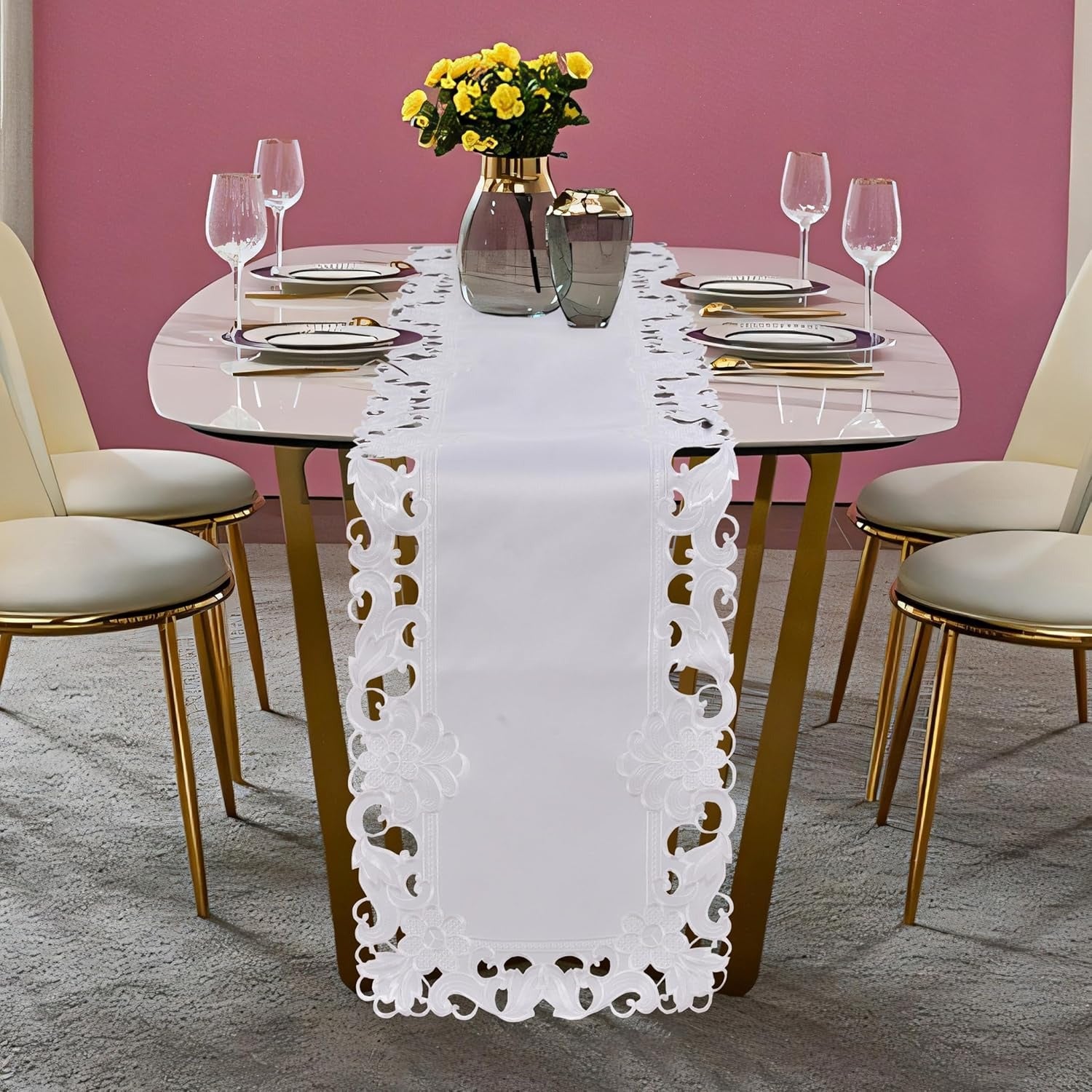 Decozen White Table Runner - European Embroidery Dresser Decor Scarf for Home, Kitchen, Dining, and Wedding - 14 x 108 Inches - Valentines Day Decor - The Snow Blossom Collection