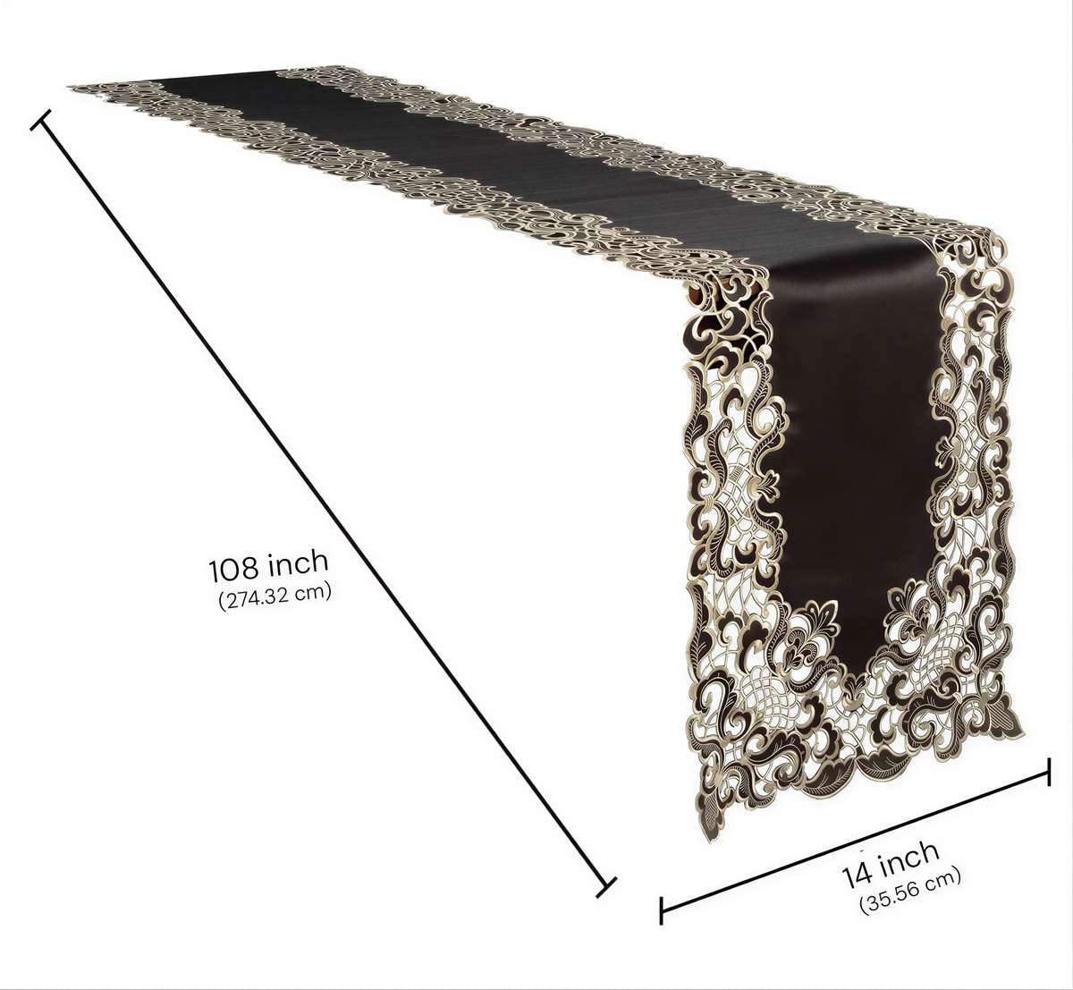 a decorative table runner with a black and gold pattern, measuring 108 inches in length and 14 inches in width.