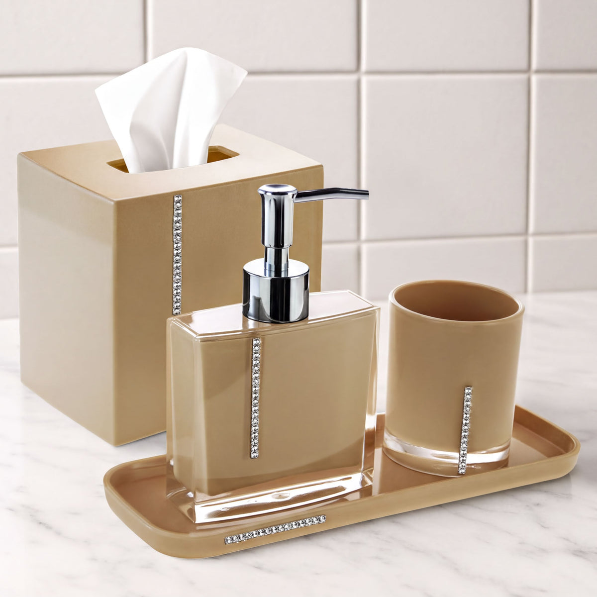 Set of four elegant modern bathroom décor accessories from The Mcclary Collection, including soap dispenser, toothbrush holder, and accessories.