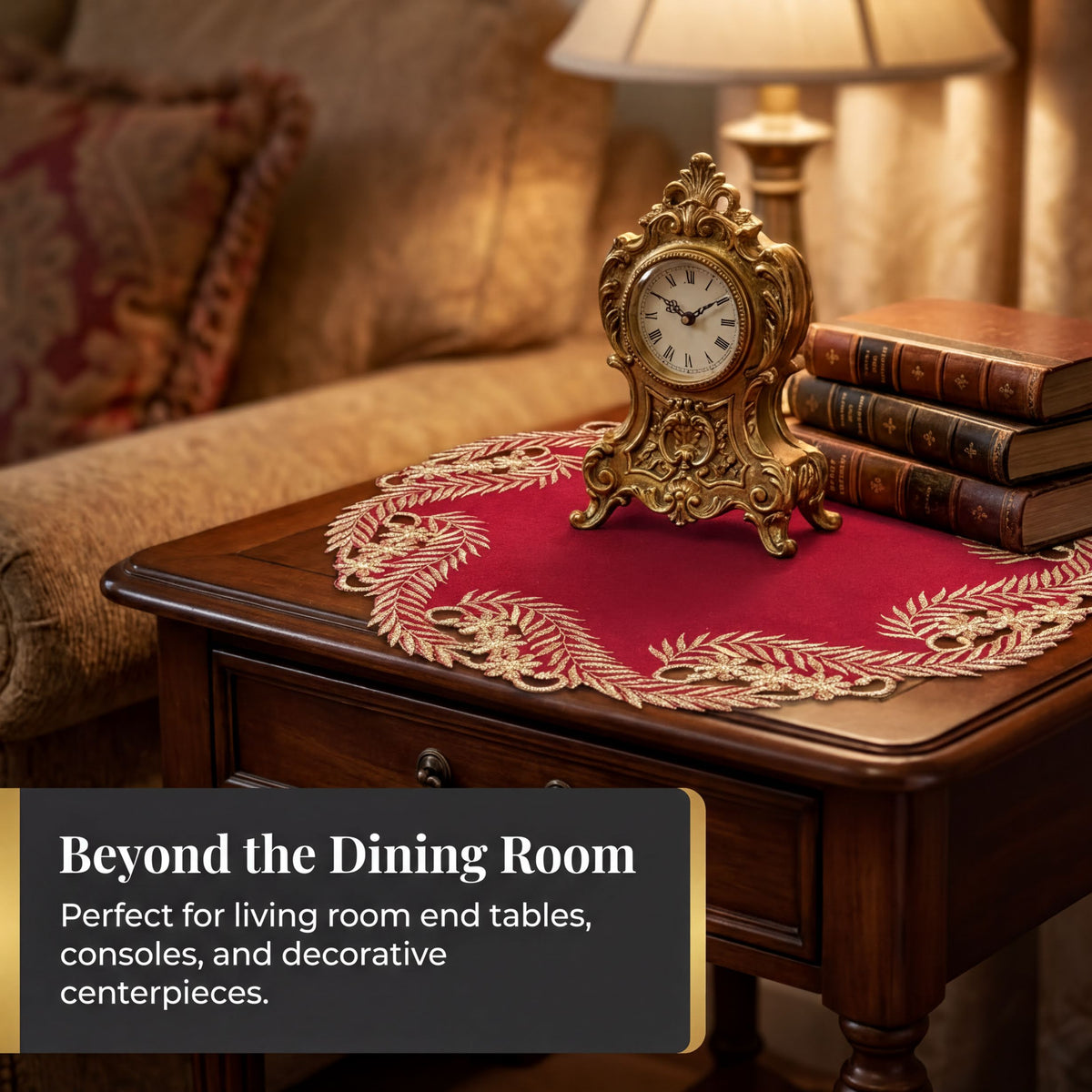 Set of Burgundy gold modern doilies from Wine Grace Anyce Collection, 15-inch RIZ-011-DL table décor for elegant dining.