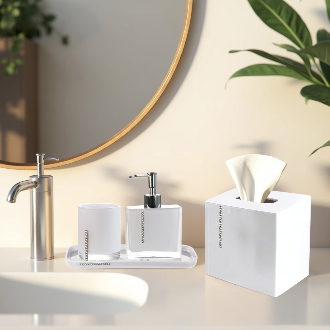 Set of four Crystal White bathroom accessories including soap dispenser, toothbrush holder, tumbler, and soap dish from B031CWH.