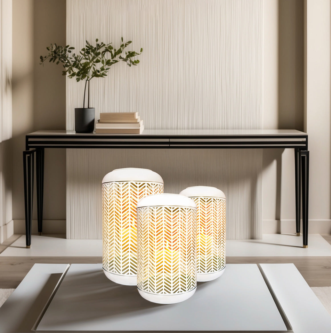White Lattice Pattern with Glass Candle Holder Lantern