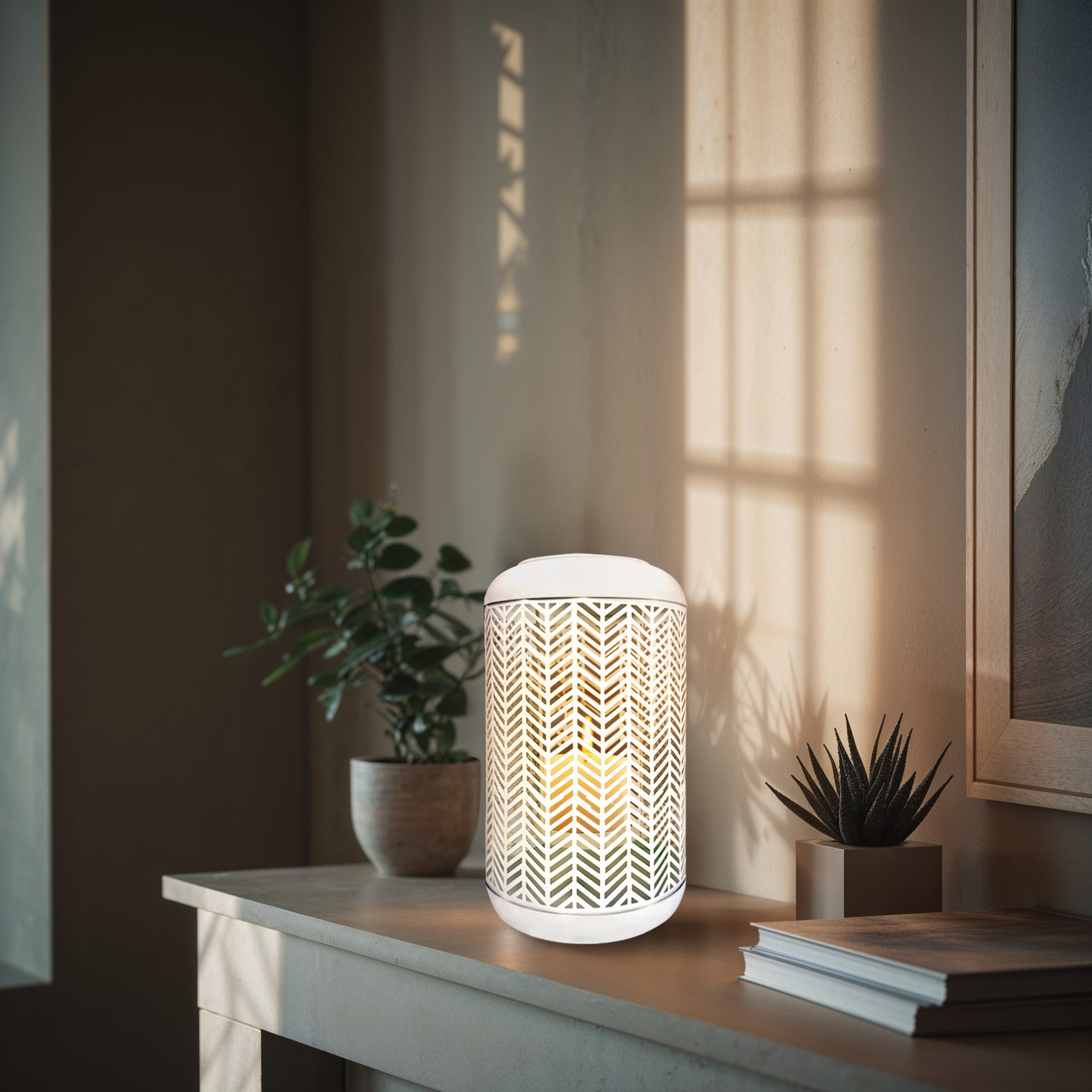 White Lattice Pattern with Glass Candle Holder Lantern