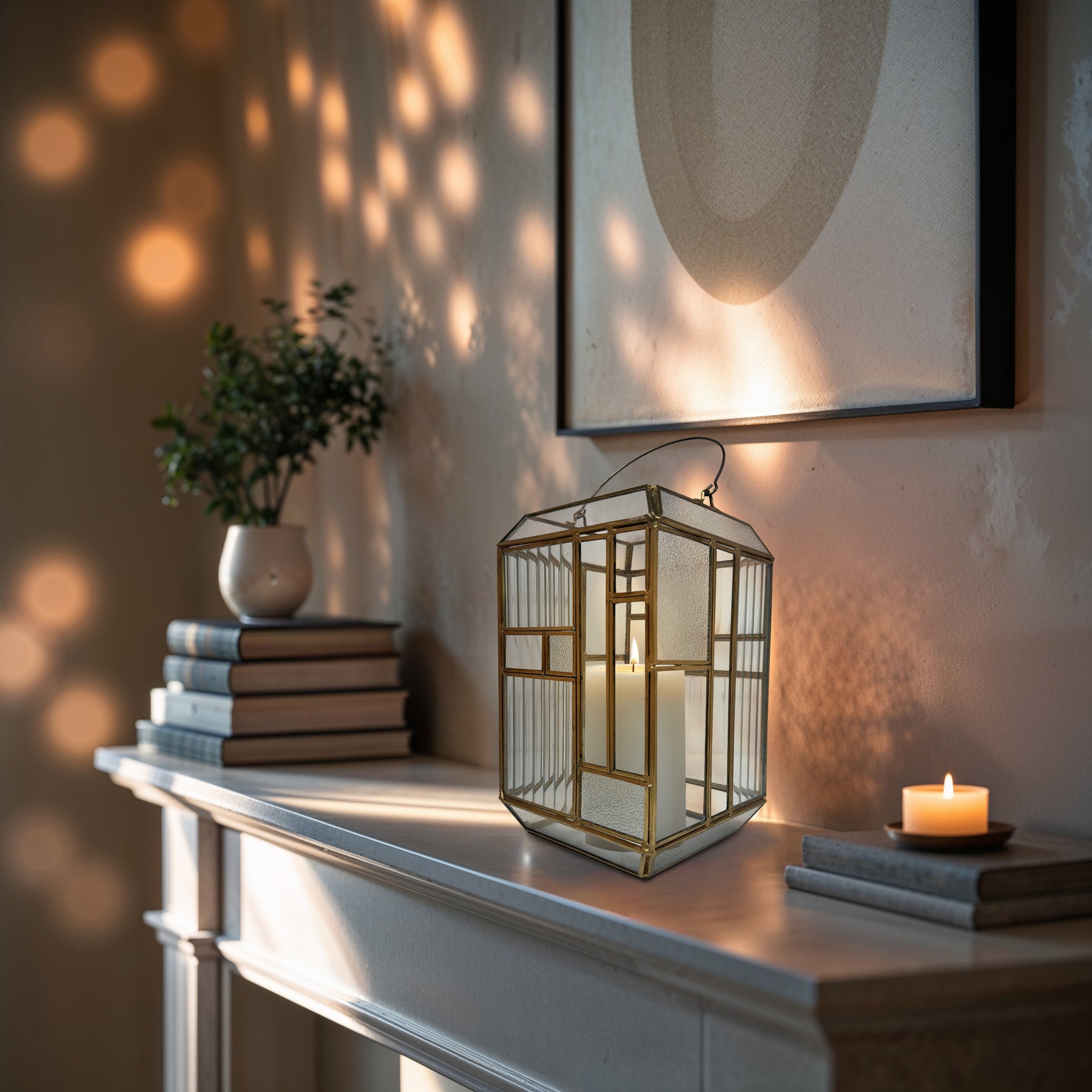 Gold Metal Frame and Glass Candle Holder Lantern