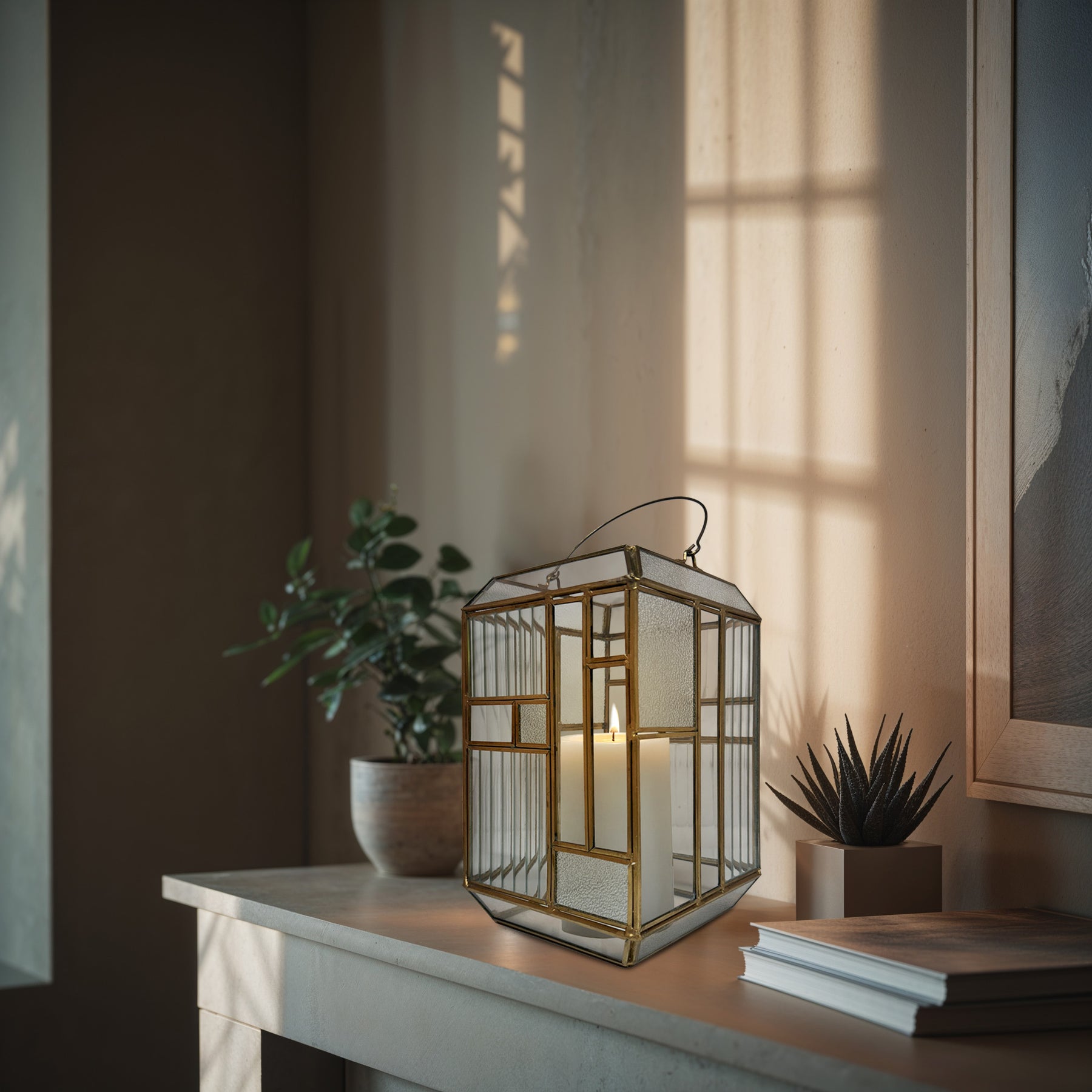 Gold Metal Frame and Glass Candle Holder Lantern
