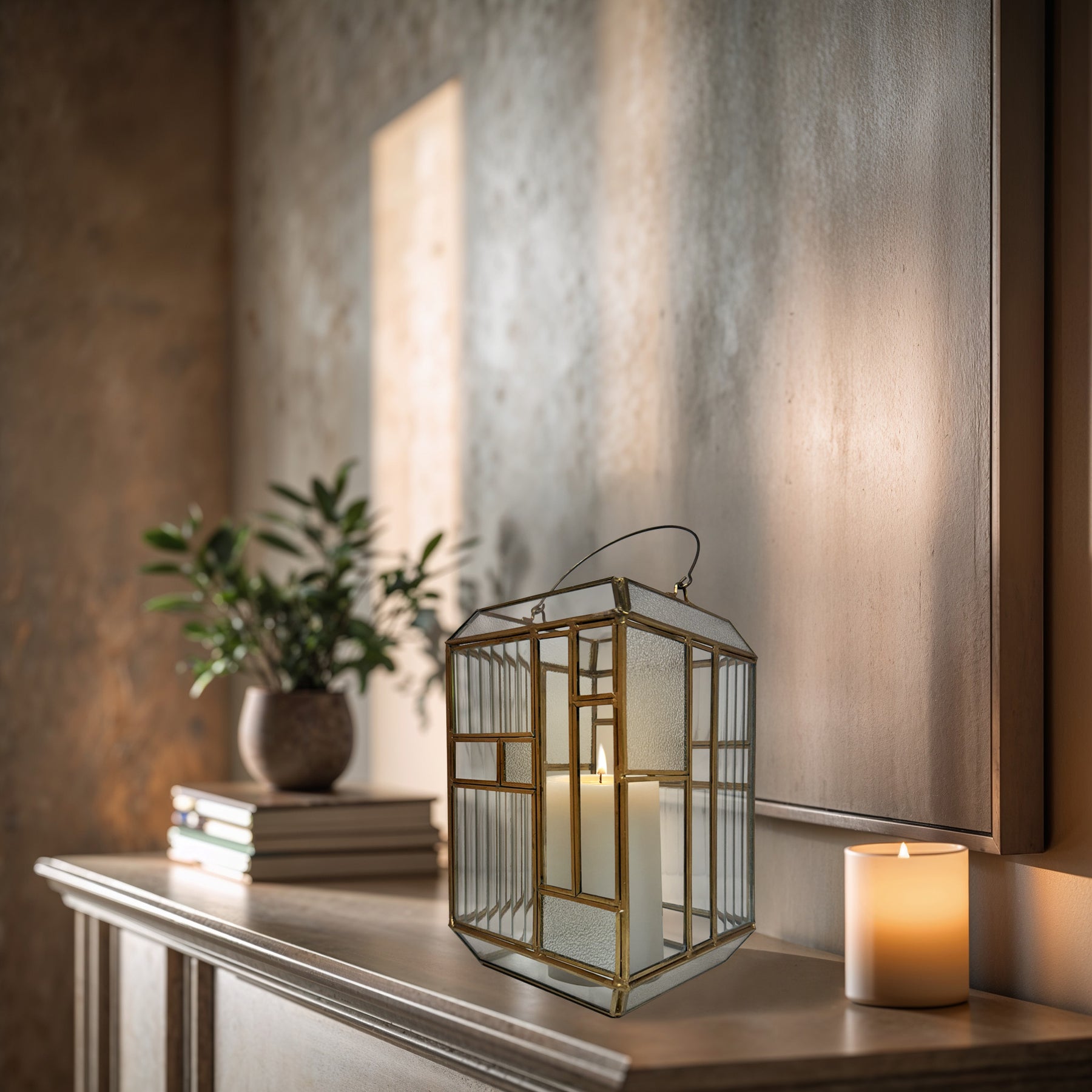 Gold Metal Frame and Glass Candle Holder Lantern