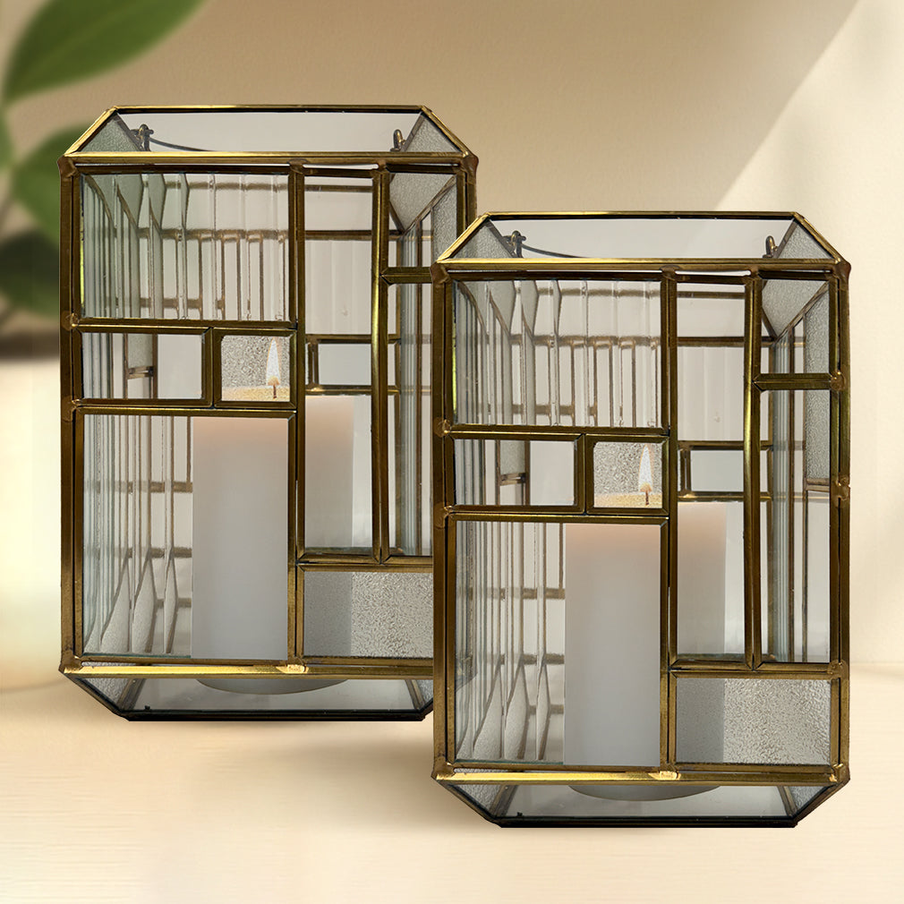Gold Metal Frame and Glass Candle Holder Lantern