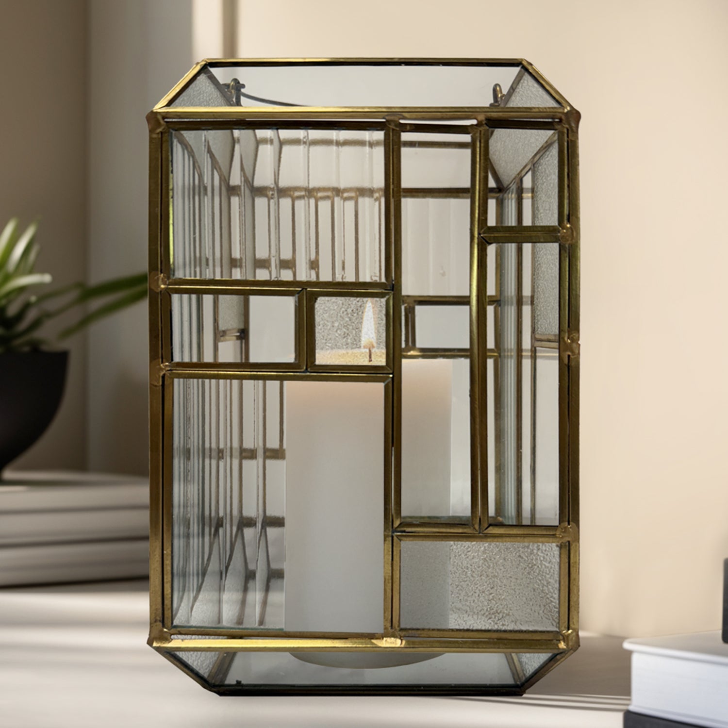 Gold Metal Frame and Glass Candle Holder Lantern