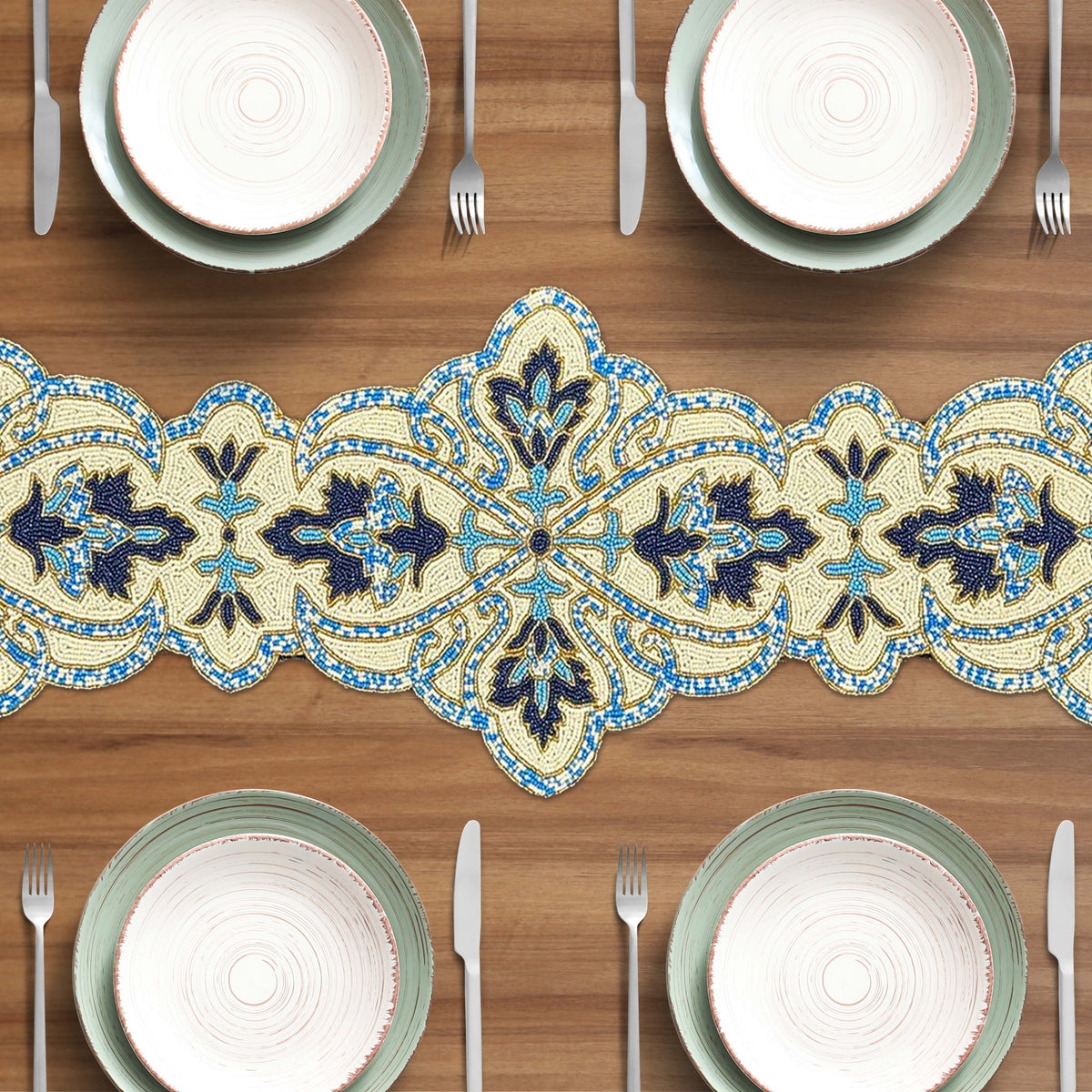 Beaded Table Runner - Blue White 54" x 13"