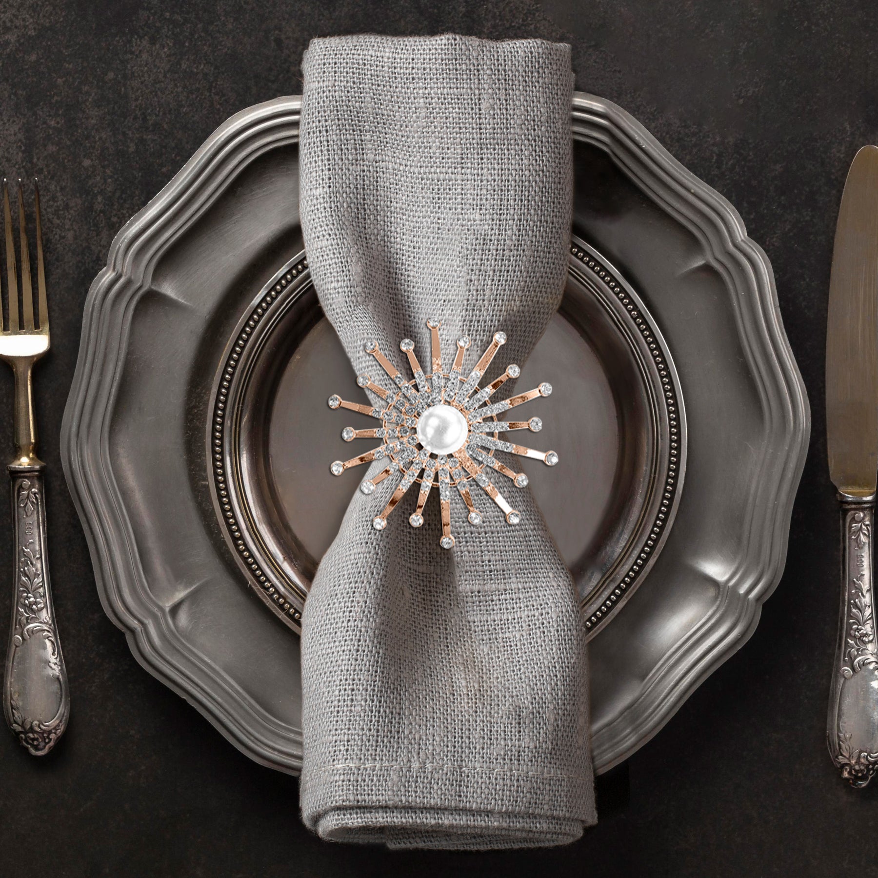 Napkin Rings in Gold Floral Pearl Design