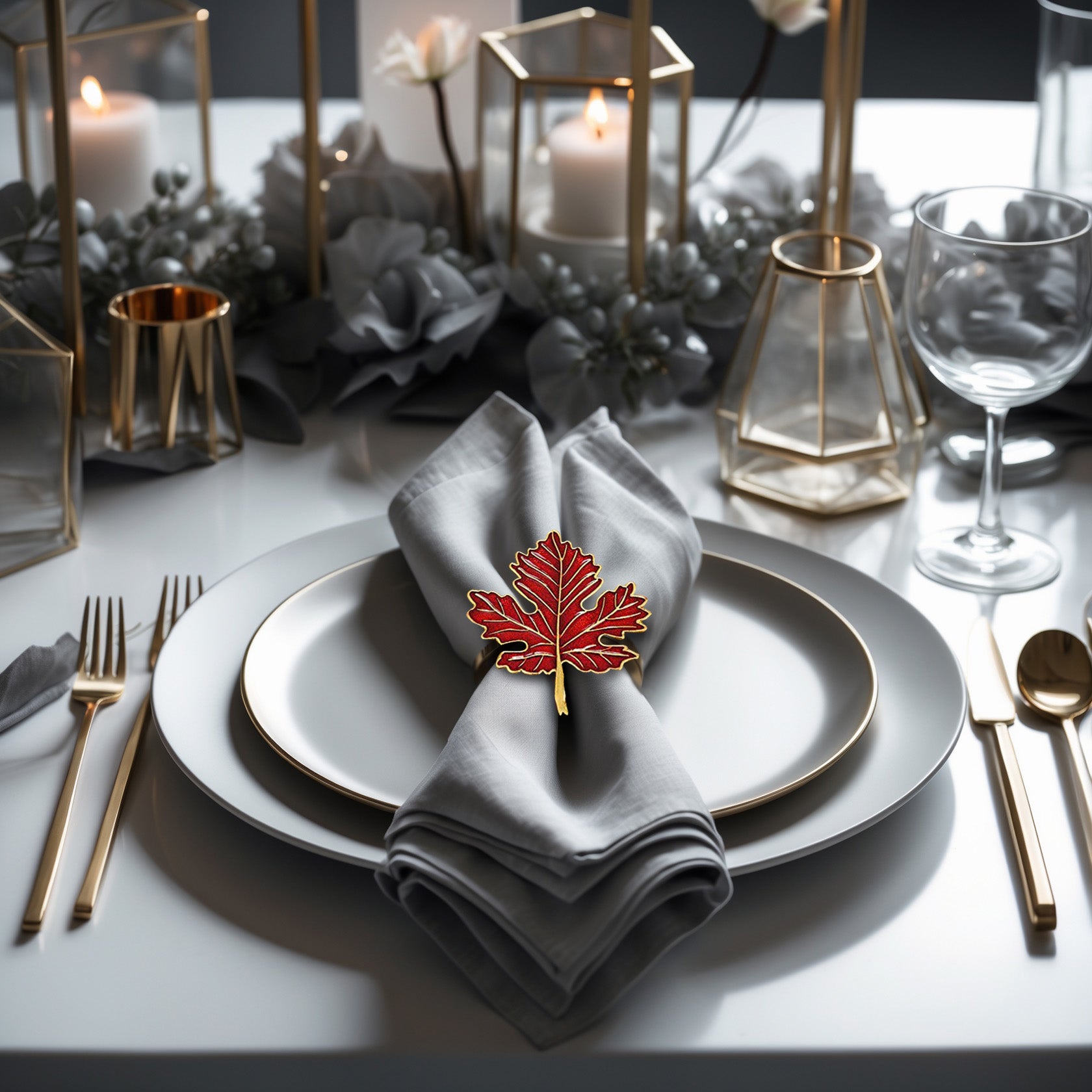 Napkin Rings in Gold Red Maple Leaf Design