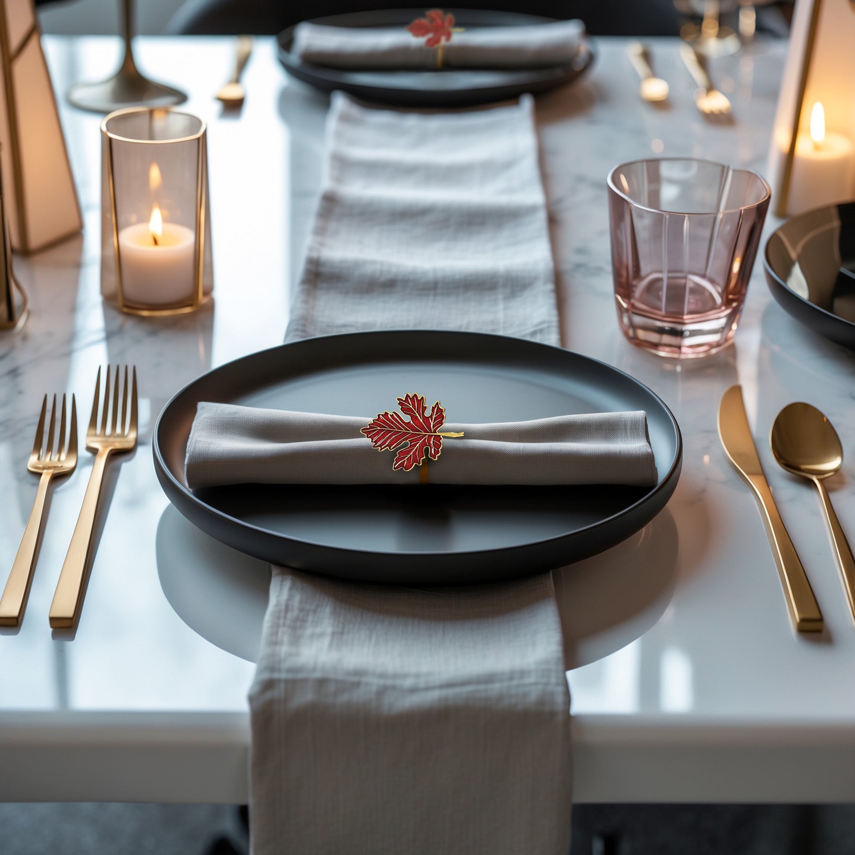 Napkin Rings in Gold Red Maple Leaf Design
