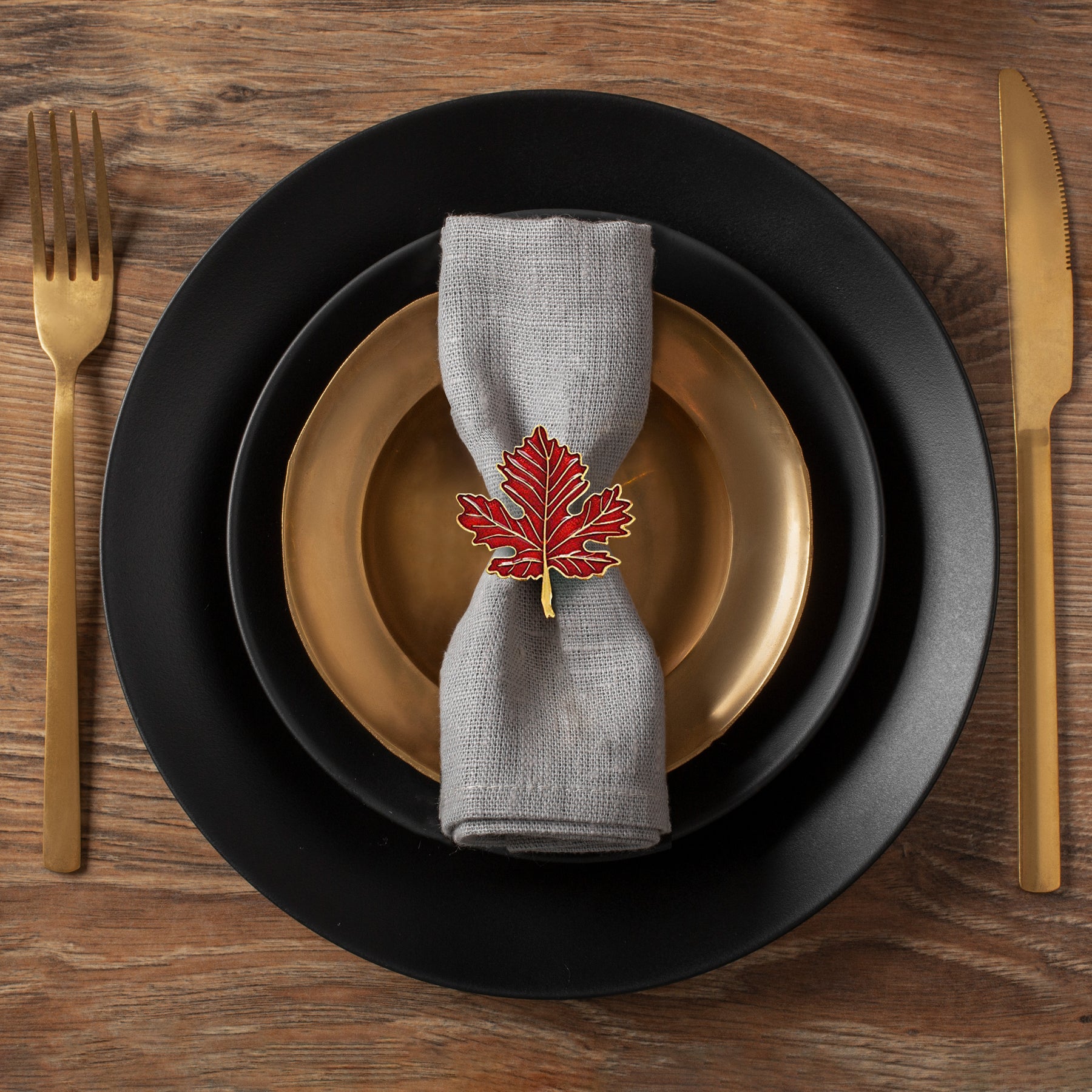 Napkin Rings in Gold Red Maple Leaf Design