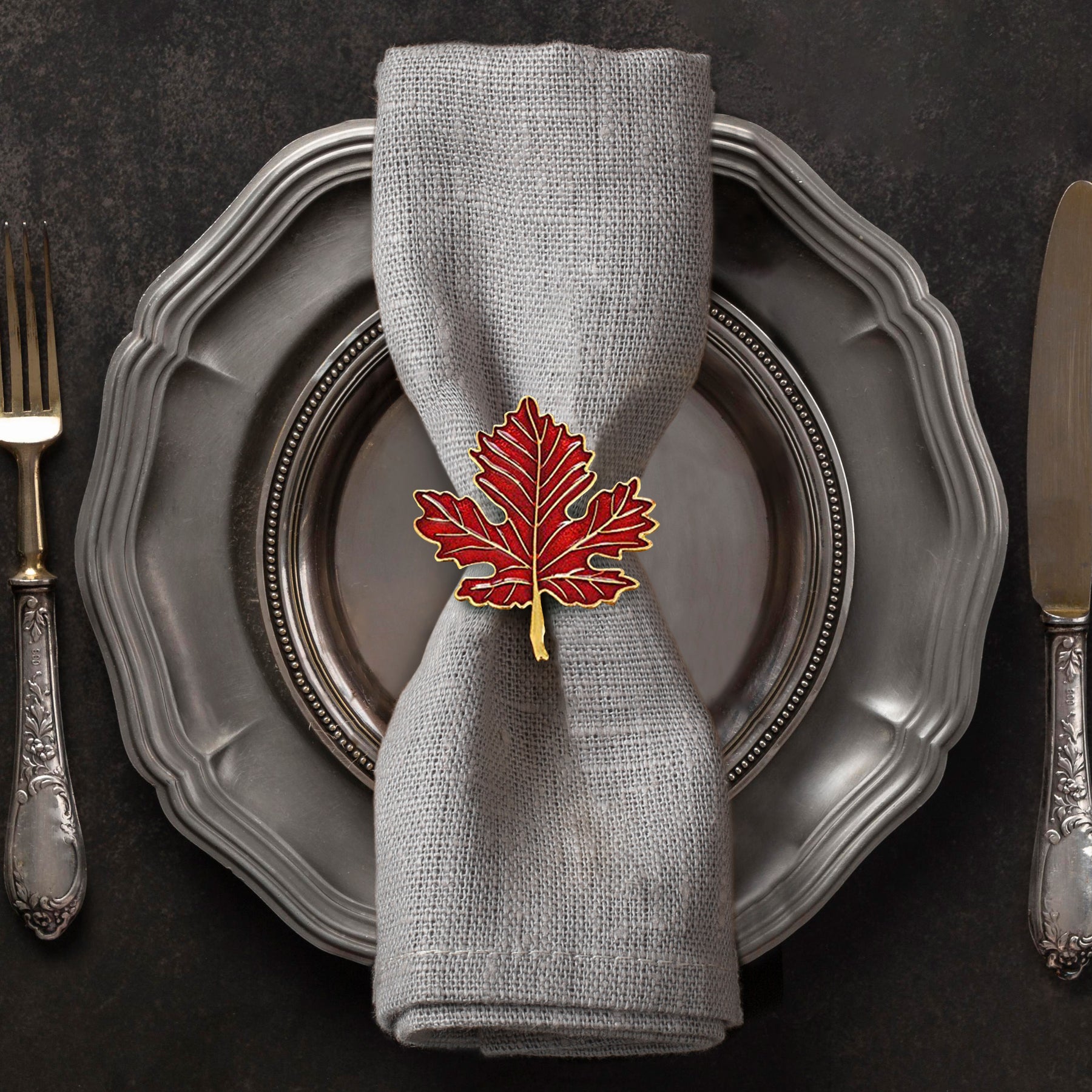 Napkin Rings in Gold Red Maple Leaf Design