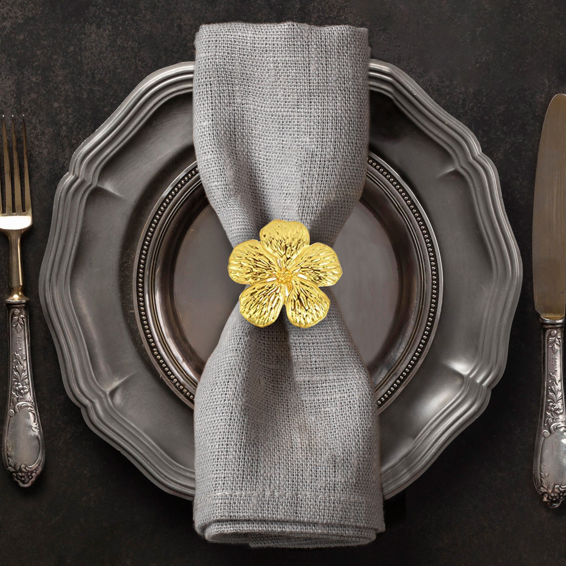 Napkin Rings in Gold Flower Design