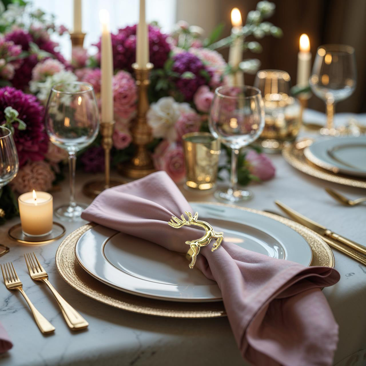 Napkin Rings in Gold Reindeer Design