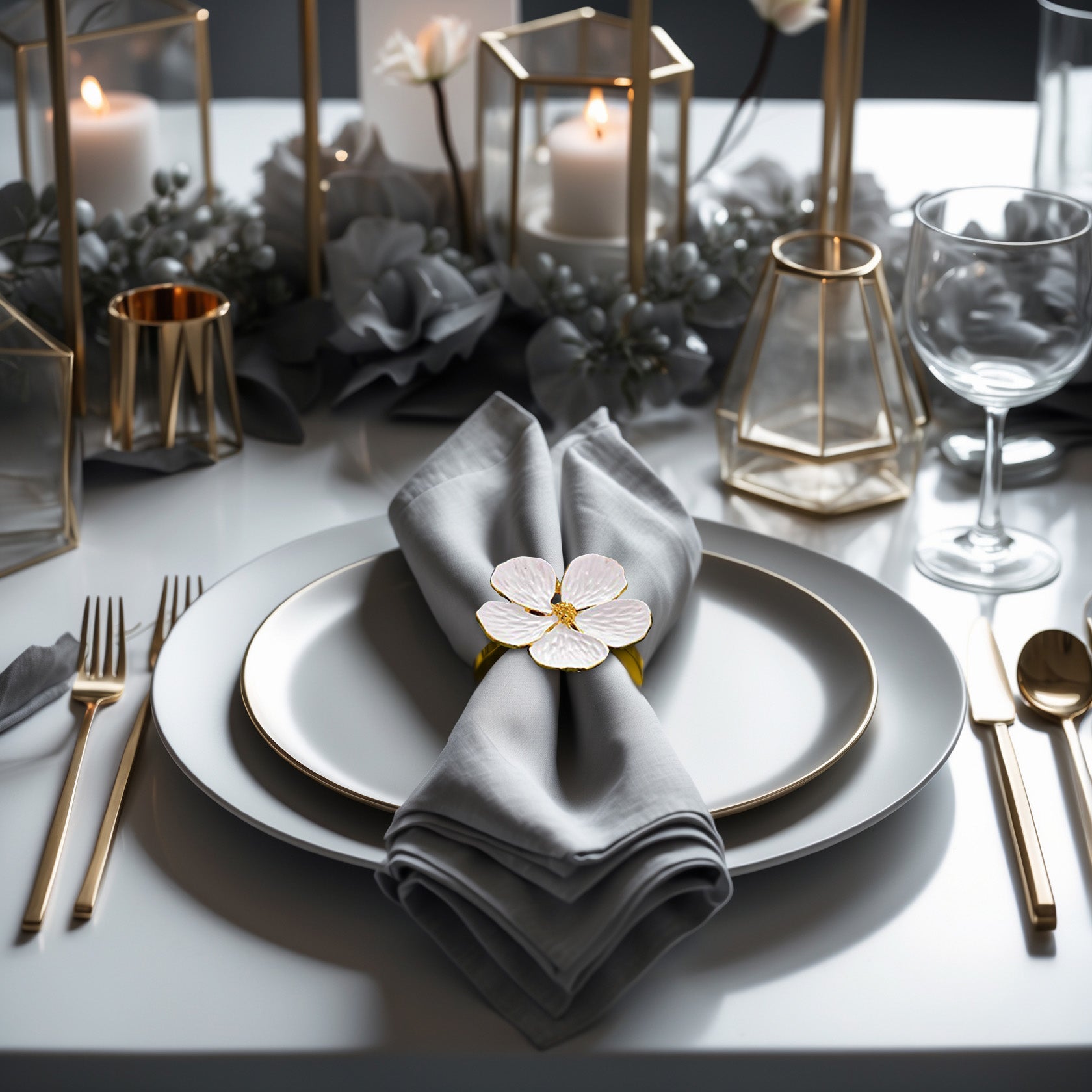 Napkin Rings in Gold White Flower Design
