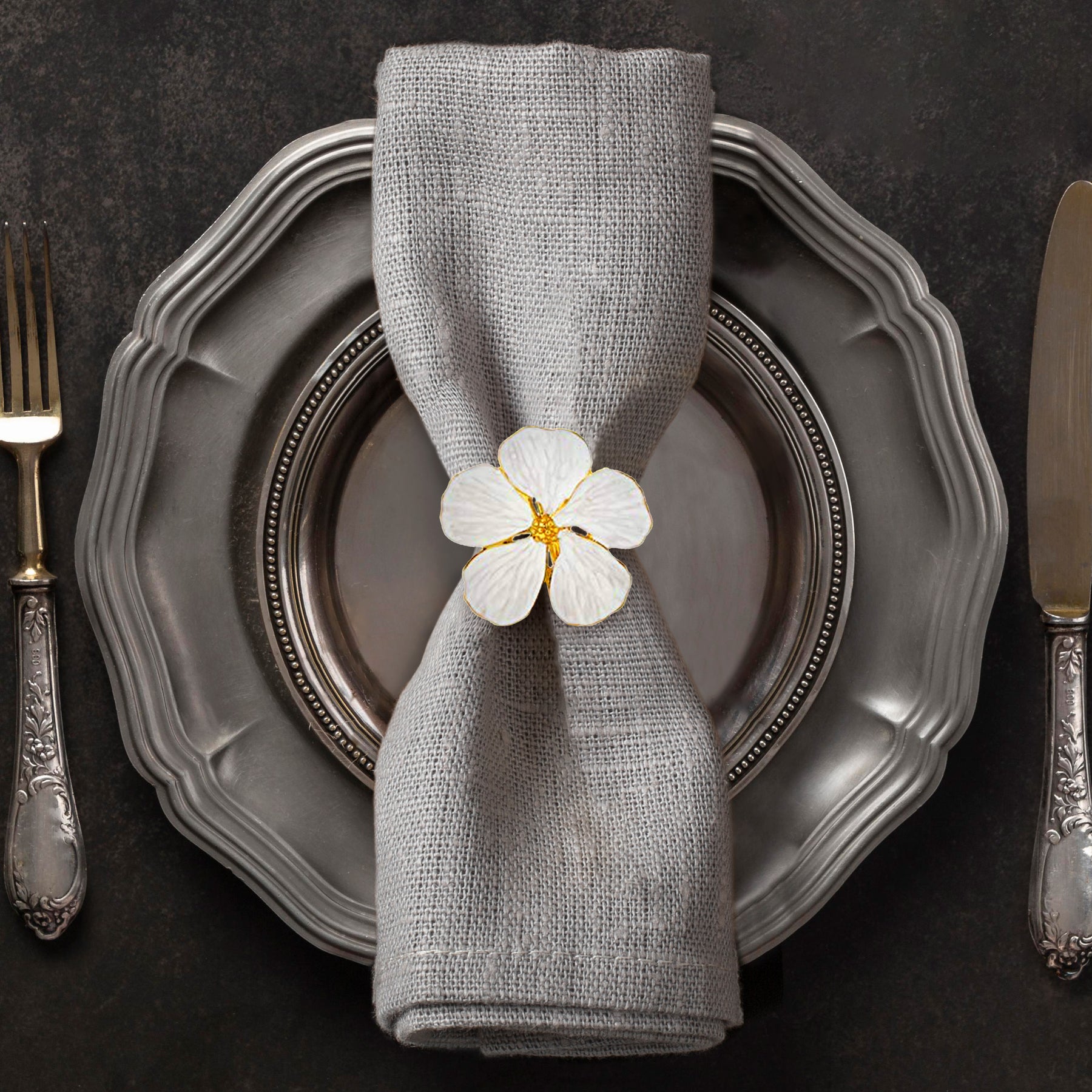 Napkin Rings in Gold White Flower Design