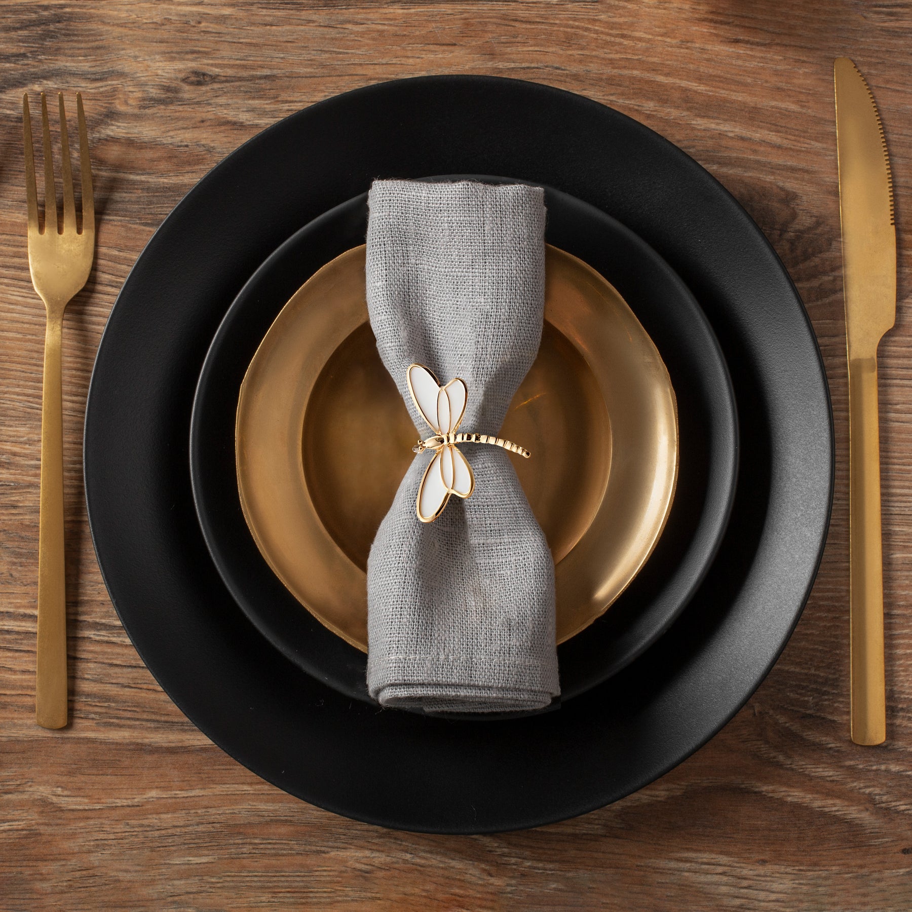 Napkin Rings in Gold White Dragon Fly Design
