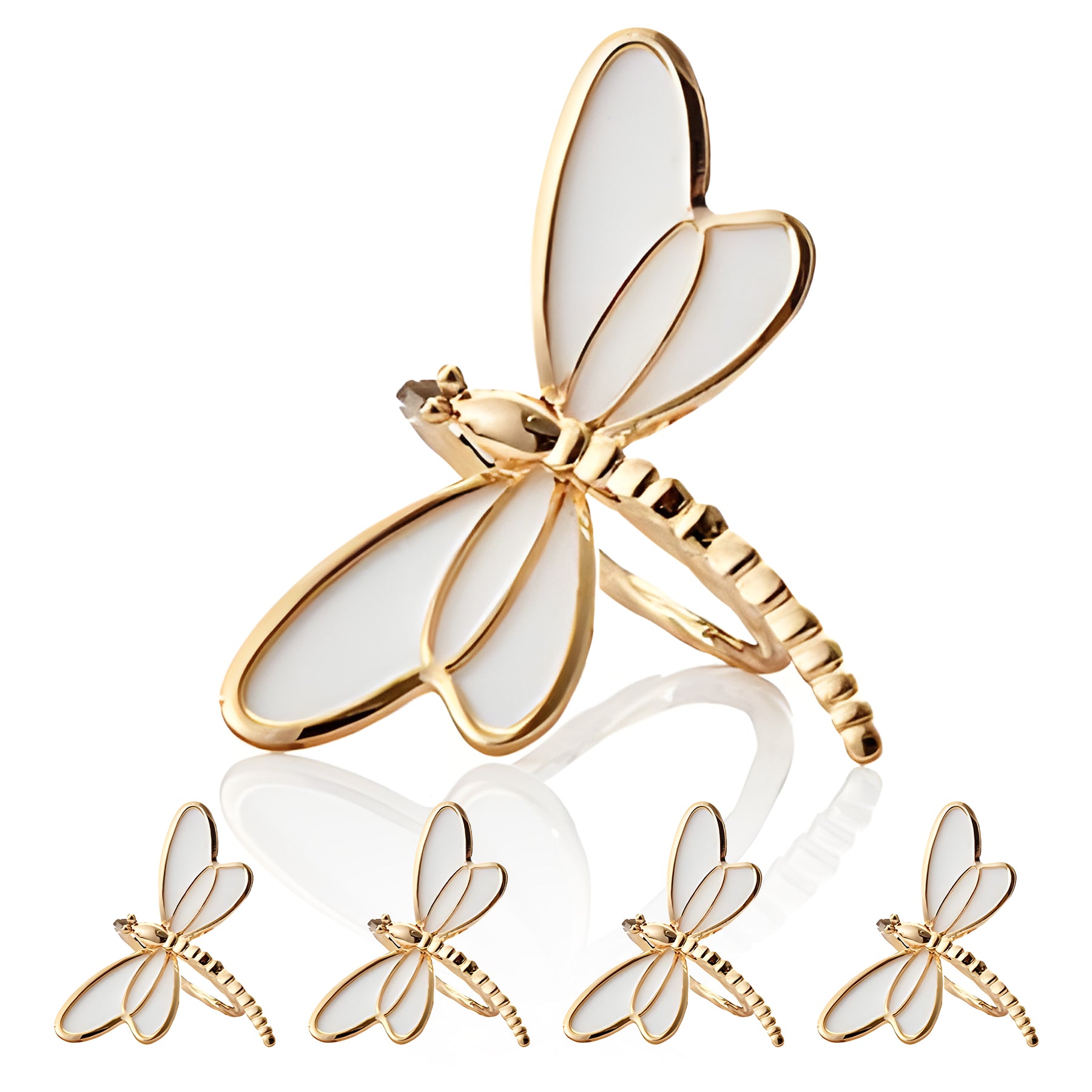 Napkin Rings in Gold White Dragon Fly Design