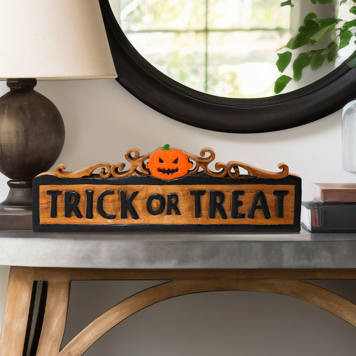 Trick or Treat Wooden Sculpture – Handmade Halloween Decor Decozen Luxe