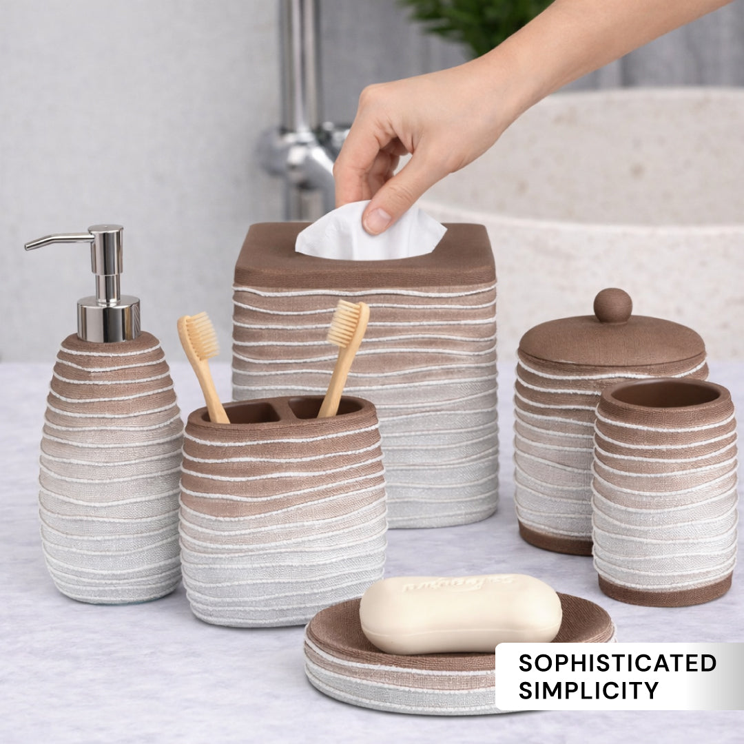 Set of six modern bathroom décor accessories from the Antonetta Collection by AH8321, featuring sleek, elegant bath accessories.