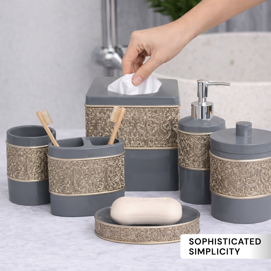 Set of six modern bathroom décor accessories from the Fionola Collection, featuring sleek, elegant design by AH8315.