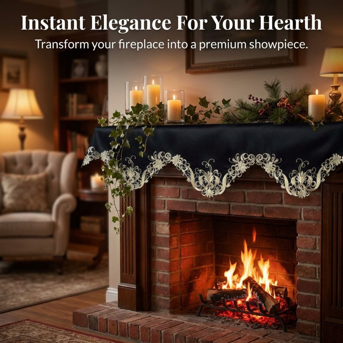 Black Gold Mantel Scarf – Golden Night, 18x90 Inch