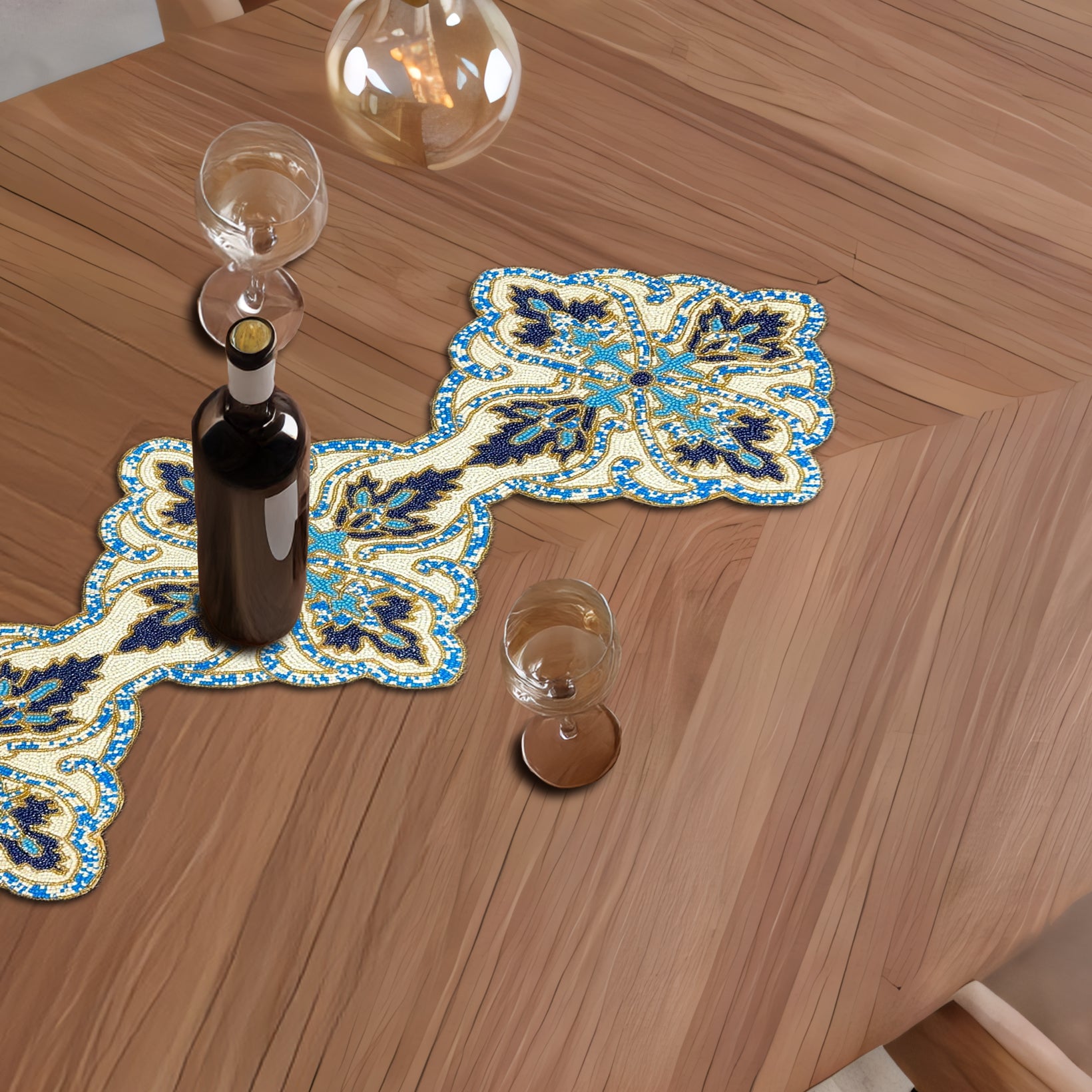 Beaded Table Runner - Blue White 54" x 13"