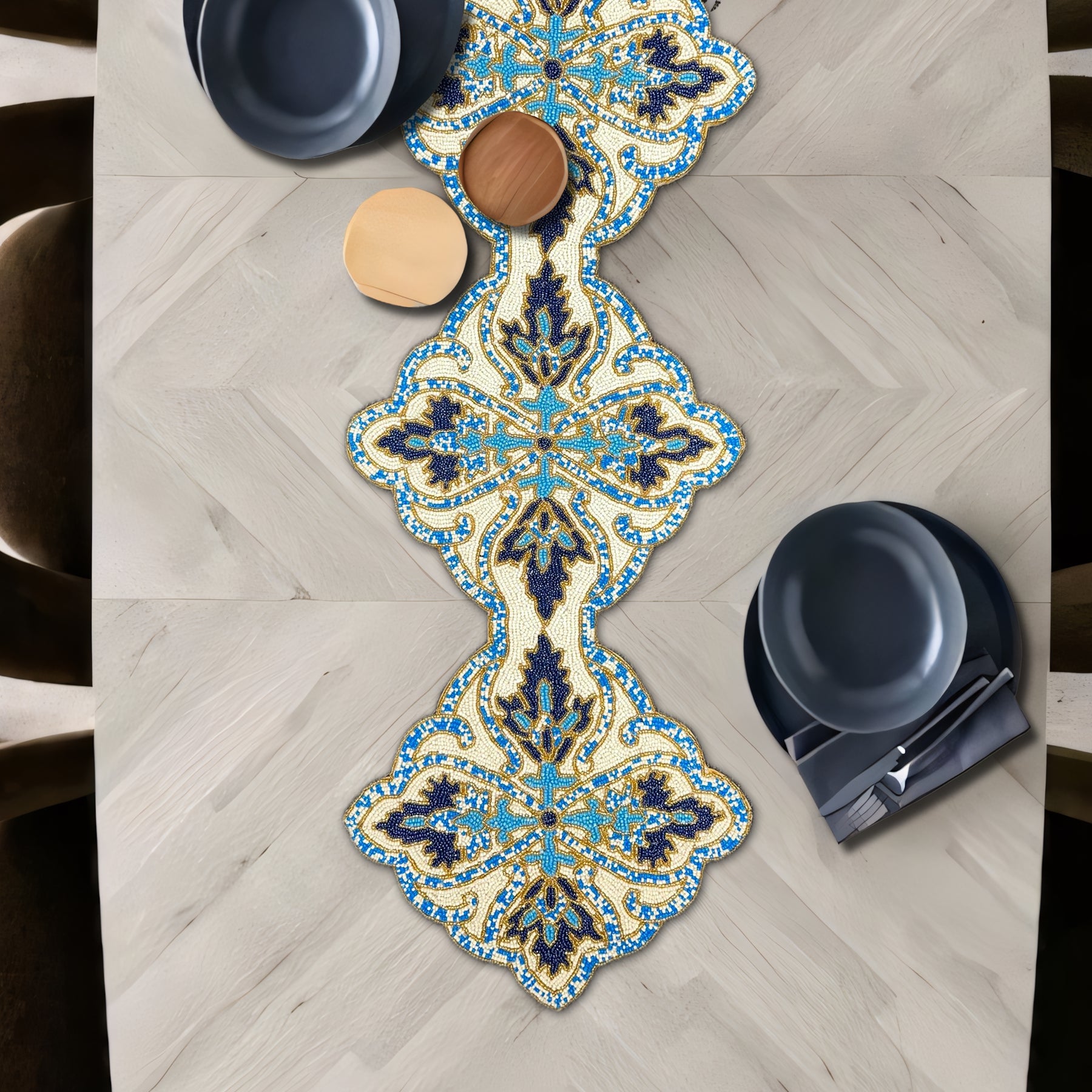 Beaded Table Runner - Blue White 54" x 13"