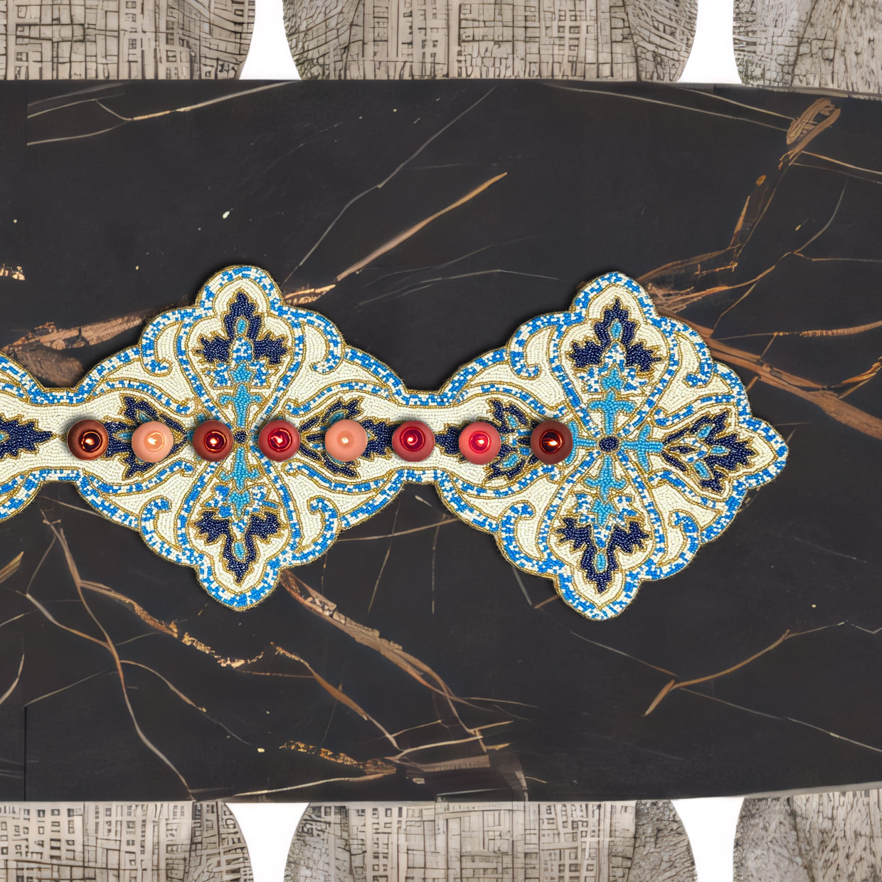 Beaded Table Runner - Blue White 54" x 13"