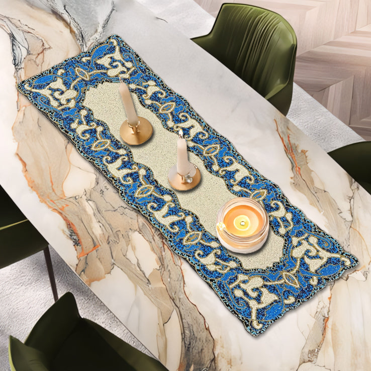 Beaded Table Runner - White Blue 36" x 13"