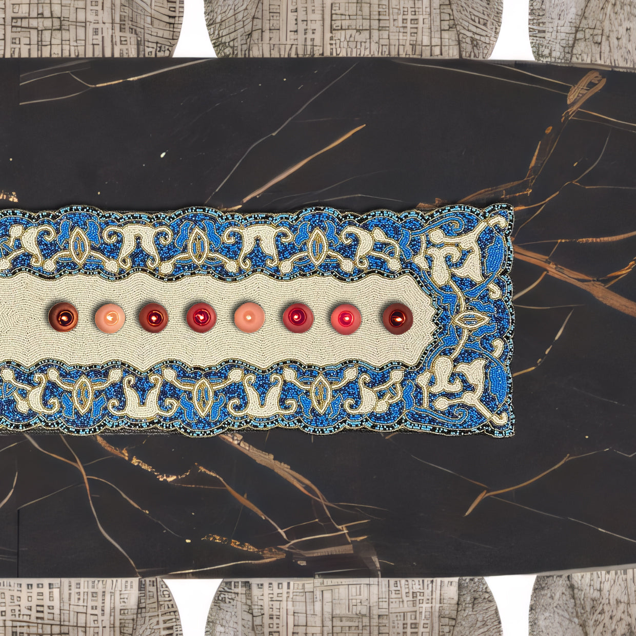 Beaded Table Runner - White Blue 36" x 13"