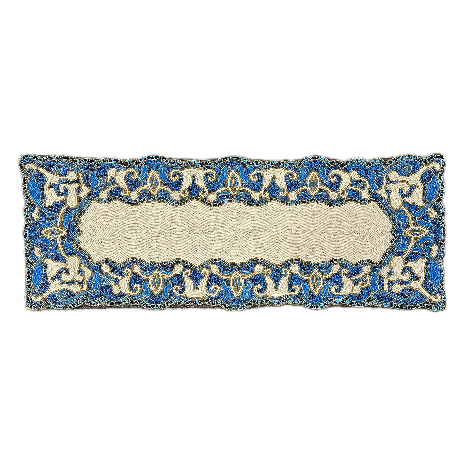 Beaded Table Runner - White Blue 36" x 13"