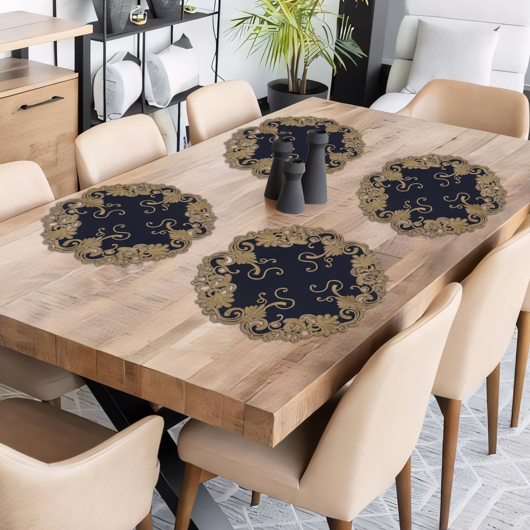 Decozen Gold Lace Blue Doilies Set of 8 - Round Placemats European Embroidery for Dining Table Home Decor Wedding - 15 inches - The Vintage Opulence Collection