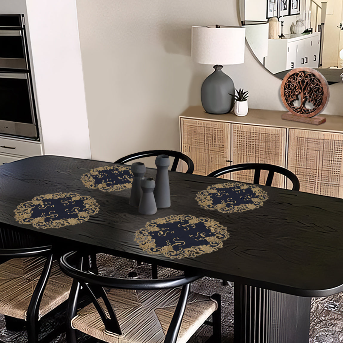 Decozen Gold Lace Blue Doilies Set of 8 - Round Placemats European Embroidery for Dining Table Home Decor Wedding - 15 inches - The Vintage Opulence Collection
