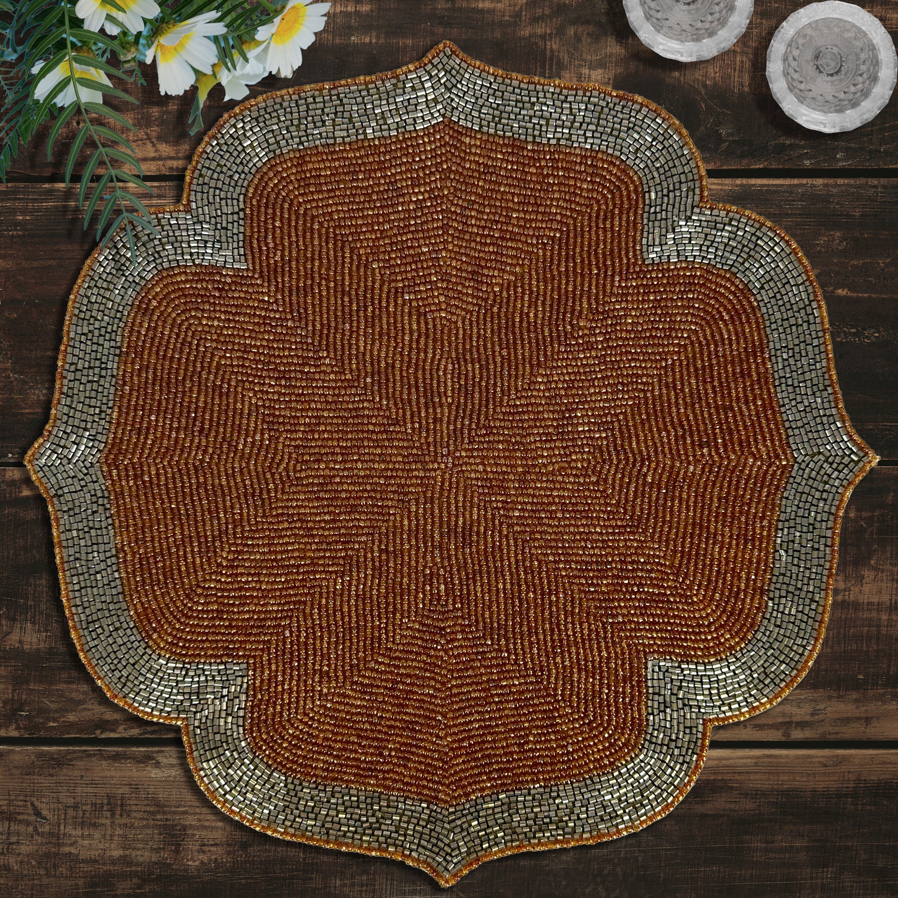 Burnt Orange and Silver Beaded Placemats for Dining Table - 14 Inches Heat Resistant Charger Durable Tablemats
