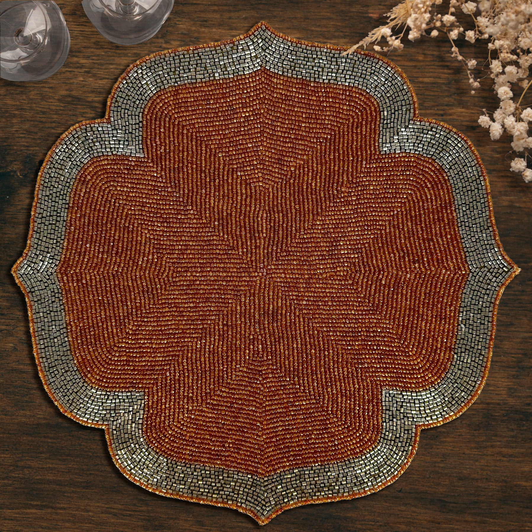Burnt Orange and Silver Beaded Placemats for Dining Table - 14 Inches Heat Resistant Charger Durable Tablemats